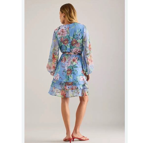 NWT Bardot Women Blue Triple Frill Wrap Floral Mini Dress Size 8 - Picture 2 of 13